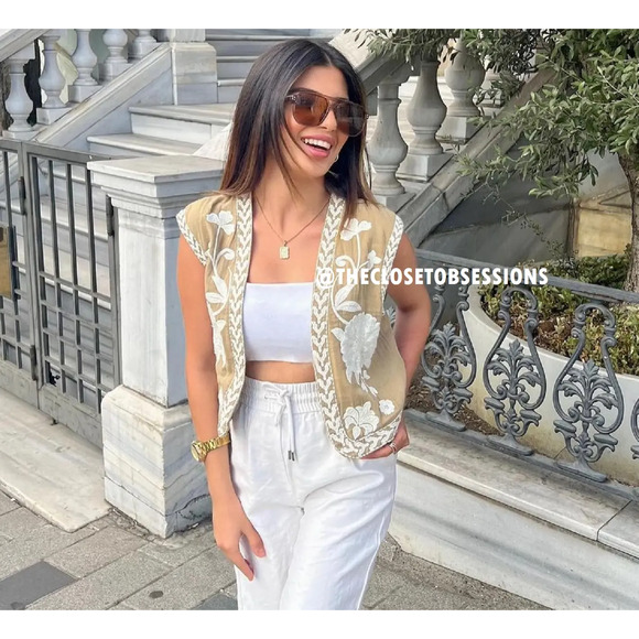 ZARA Embroidered Vest NWT | Khaki Open-Front Waistcoat Boho Chic M/L - Picture 11 of 16